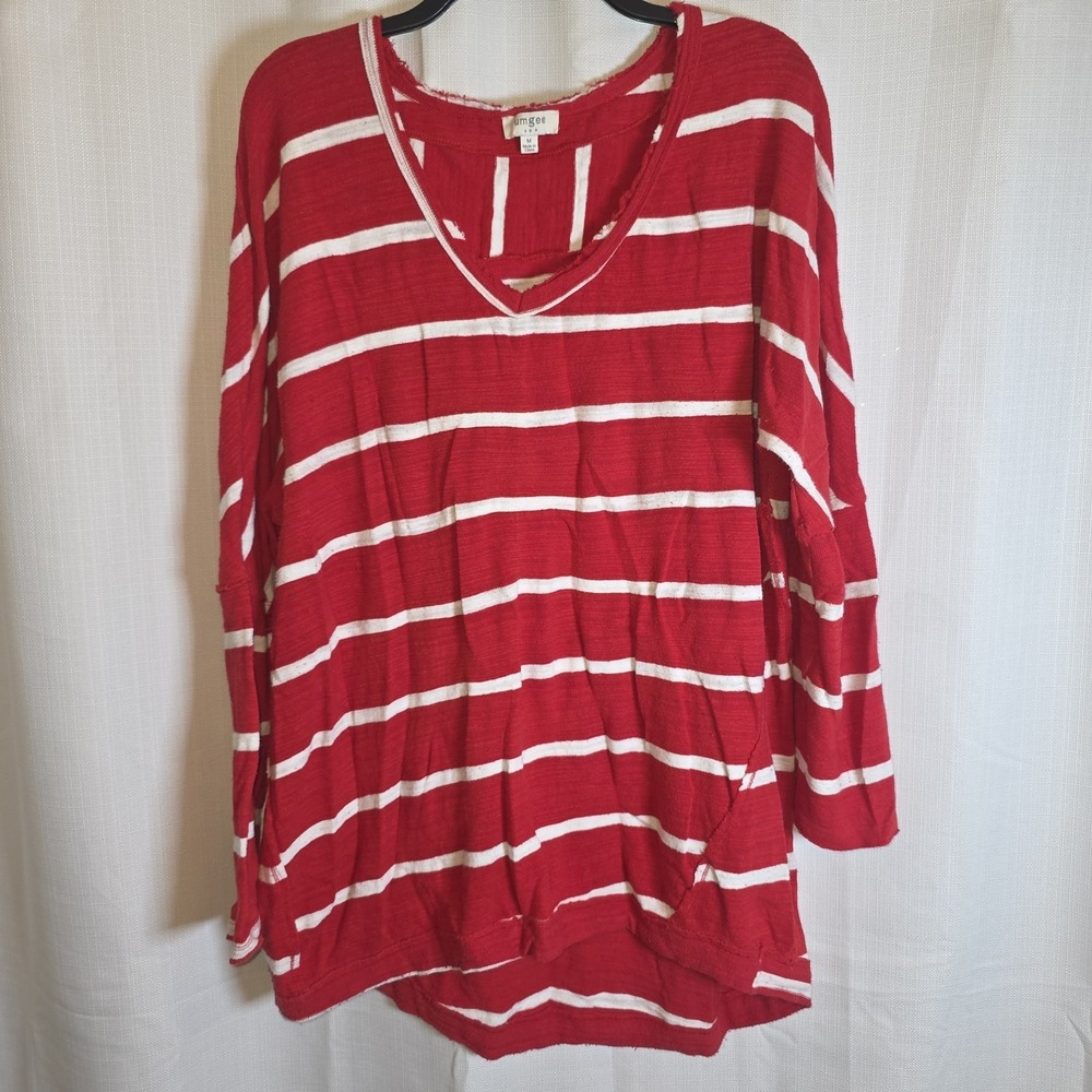 Umgee Donna Sleeve Red White  striped shirt Size Medium Oversized